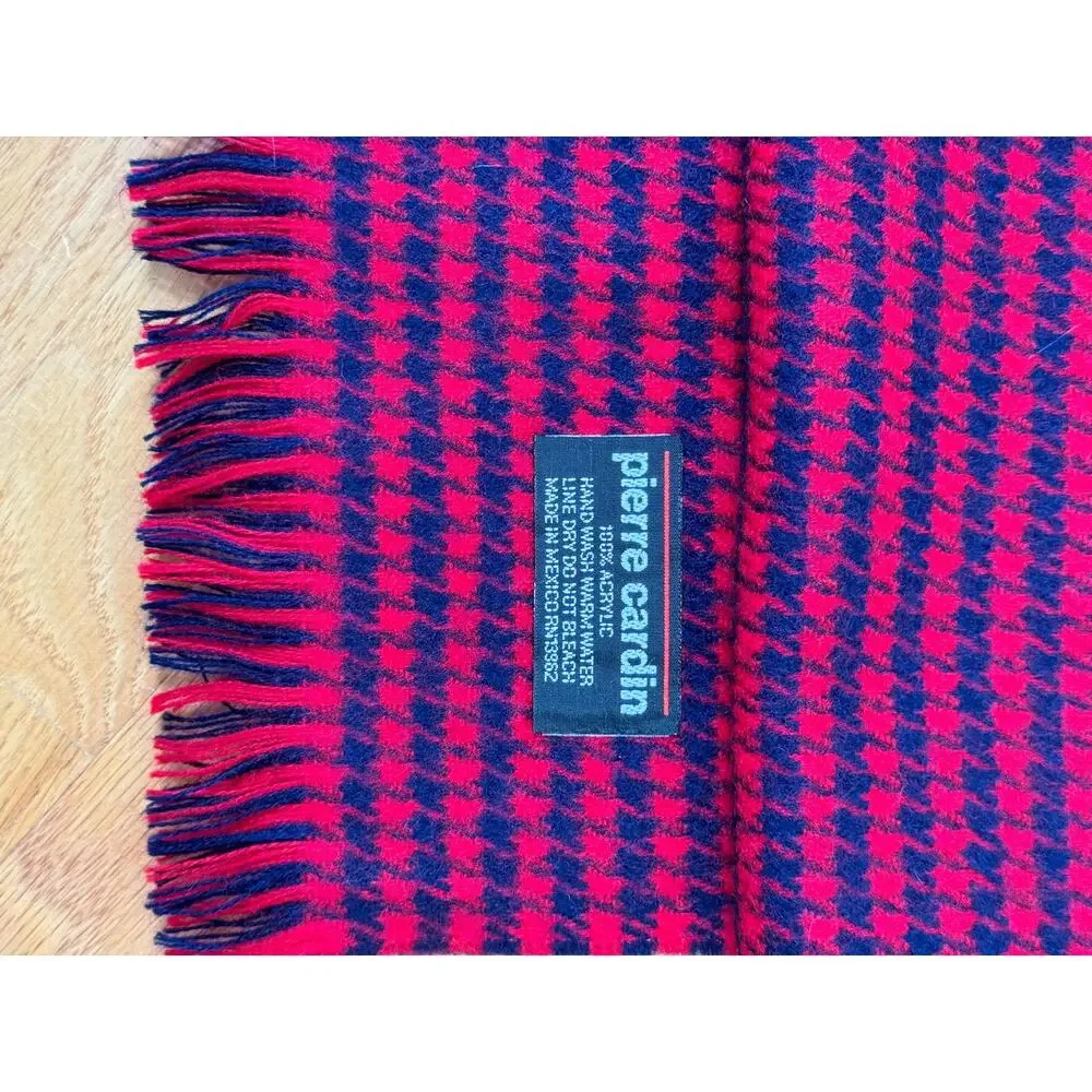 Vintage Houndstooth Scarf, Red Blue Plaid, Pierre Cardin Designer Winter Scarf